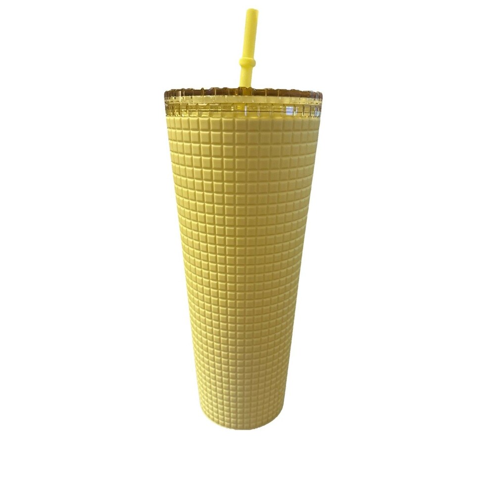 Starbucks 24 oz Meadow Yellow Soft Touch Grid Tumbler Cold Cup With Straw - Picture 4 of 7